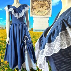 Vintage 70s 80s Gunne Sax‎ Jessica 14071 Ruffled Size 9 Blue Dot
